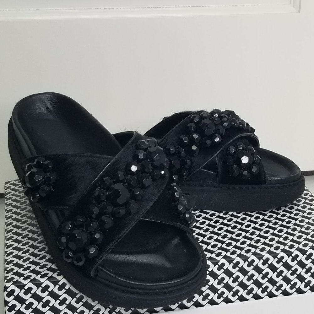 Black Beaded Simone Rocha Genuine Calf Hair FlipFlop Platform Sandal Size 6/36 - Picture 2 of 9